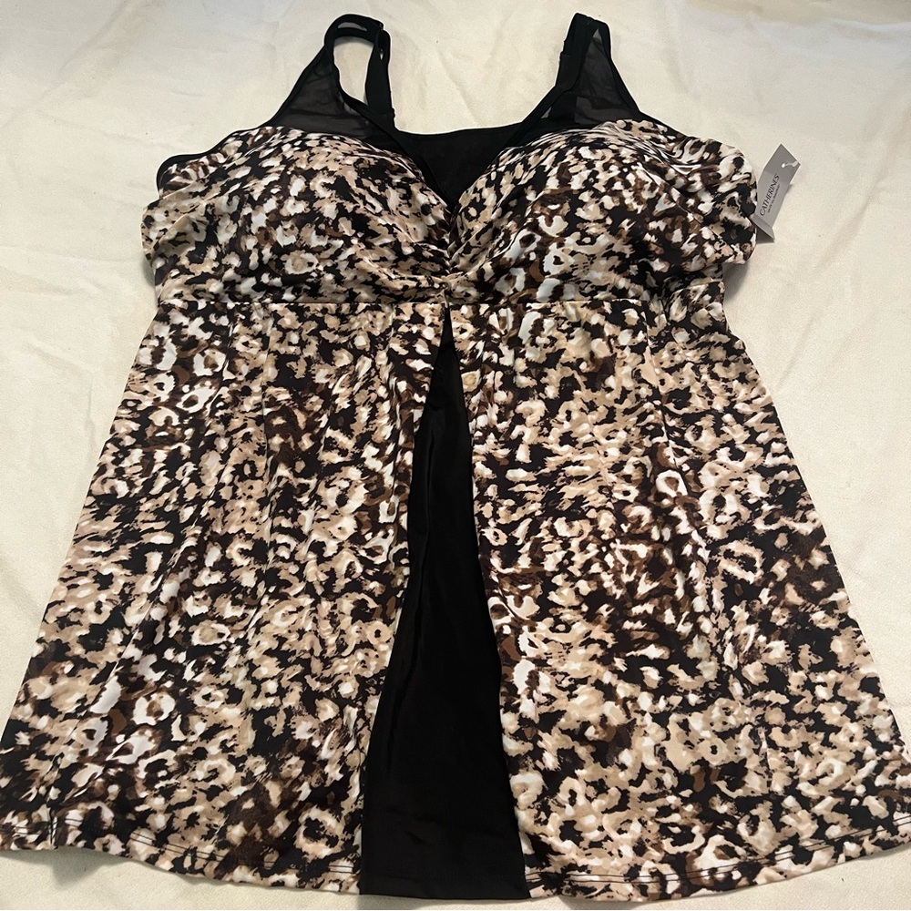 NWT Leopard Print Sleeveless meshed  shoulder straps scrunched chest   swim top - Picture 2 of 13